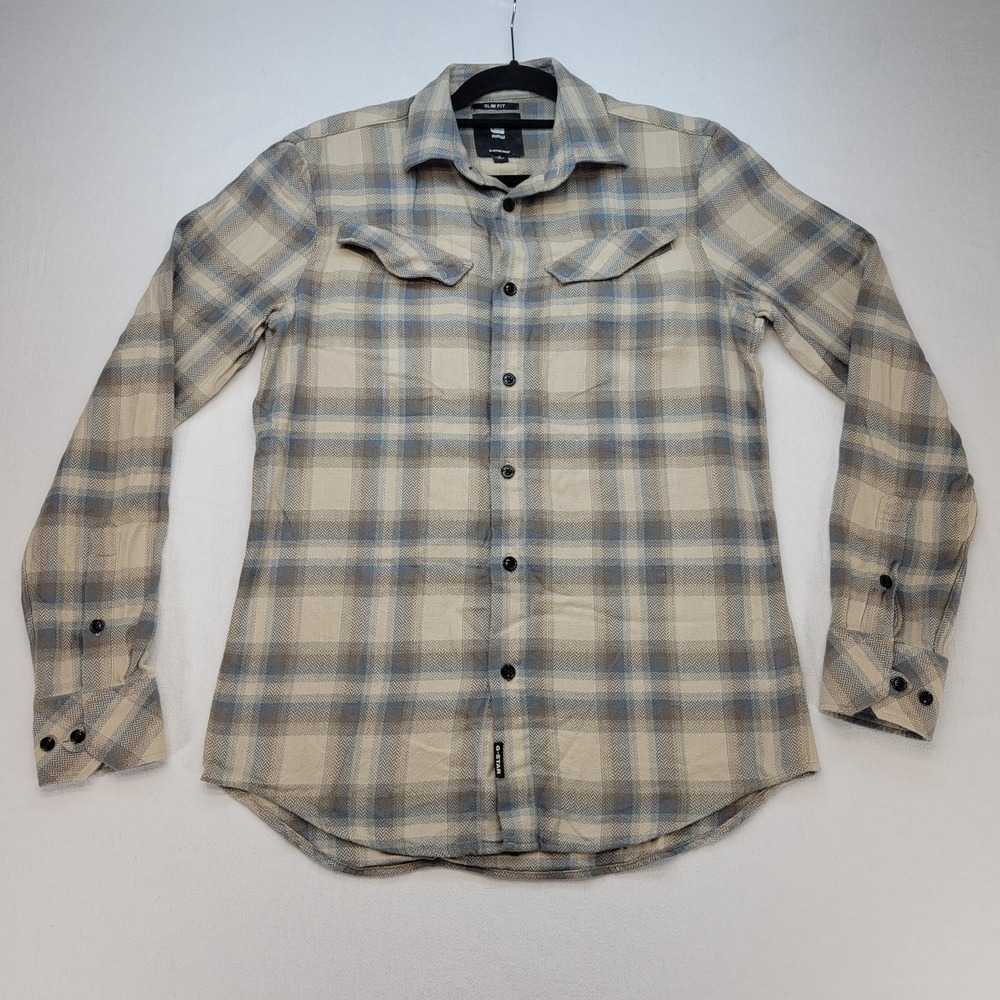 G Star Raw Shirt Mens Small Beige Slant Pocket Slim Fit Button Up Long Sleeve